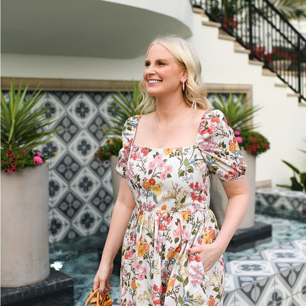 Floral Puff-Sleeve Maxi Dress in Cream and Pink - Casual Women’s Dress